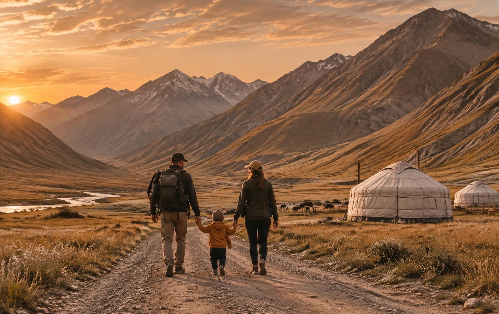 Rodina na cestě kyrgyzským údolím s jurtami